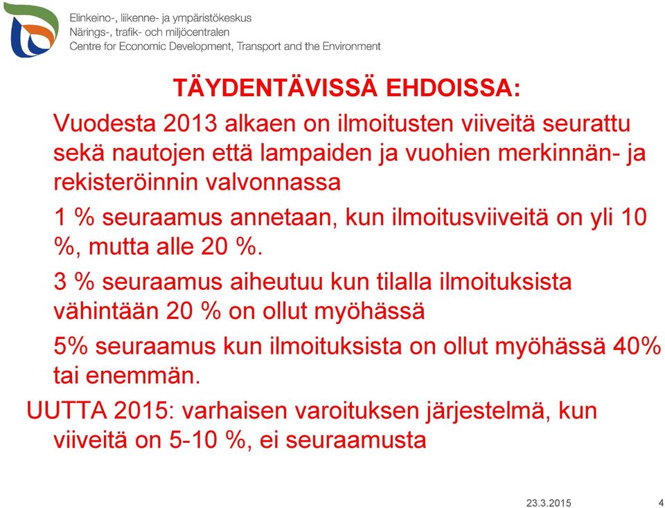 3 % seuraamus aiheutuu kun tilalla ilmoituksista vähintään 20 % on ollut myöhässä 5% seuraamus kun ilmoituksista on