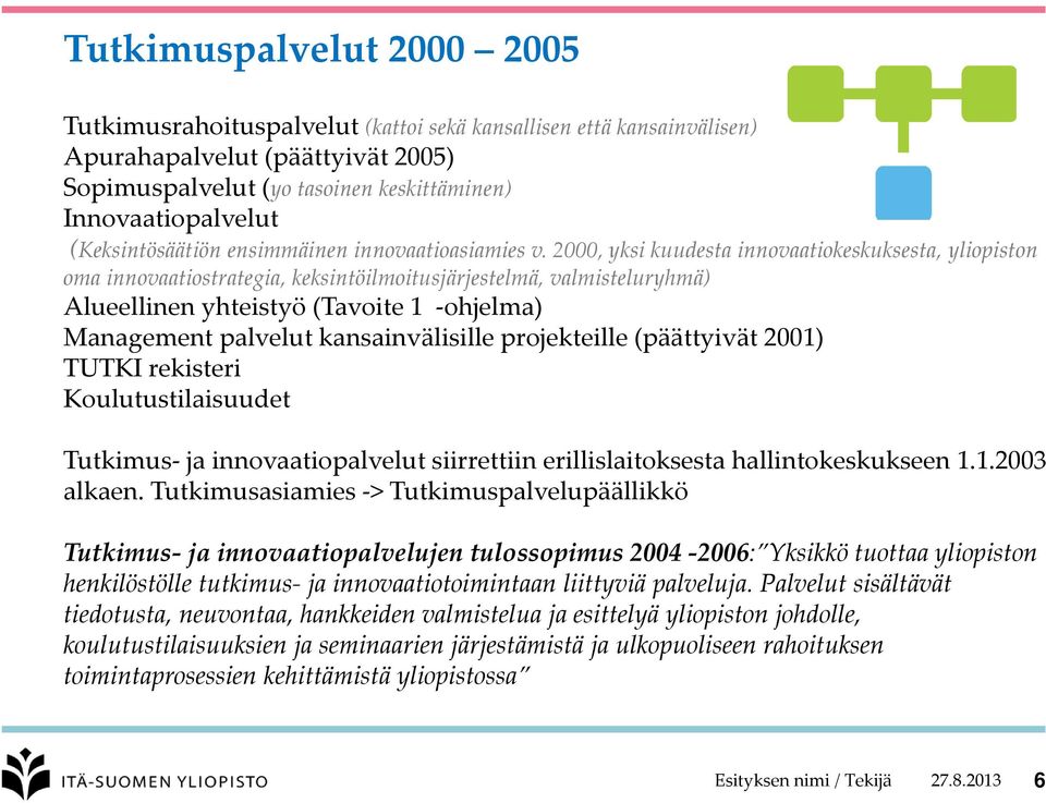 2000, yksi kuudesta innovaatiokeskuksesta, yliopiston oma innovaatiostrategia, keksintöilmoitusjärjestelmä, valmisteluryhmä) Alueellinen yhteistyö (Tavoite 1 ohjelma) Management palvelut