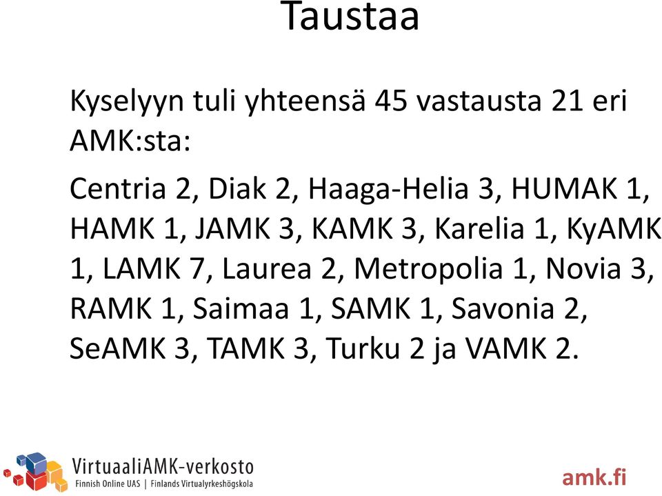 3, Karelia 1, KyAMK 1, LAMK 7, Laurea 2, Metropolia 1, Novia 3,