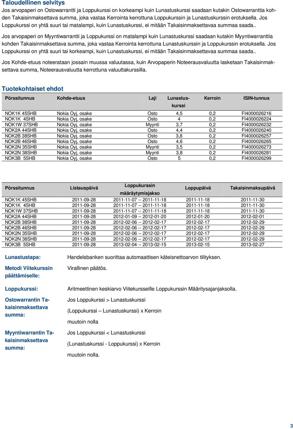 . Jos arvopaperi on Myyntiwarrantti ja Loppukurssi on matalampi kuin Lunastuskurssi saadaan kutakin Myyntiwarranttia kohden Takaisinmaksettava summa, joka vastaa Kerrointa kerrottuna Lunastuskurssin