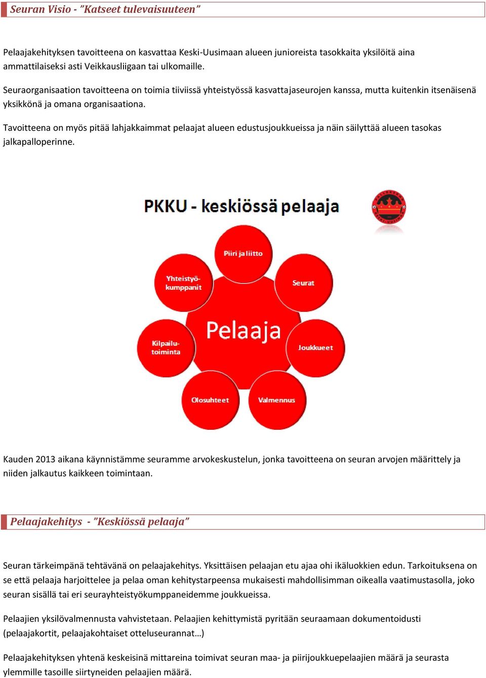 Tavoitteena on myös pitää lahjakkaimmat pelaajat alueen edustusjoukkueissa ja näin säilyttää alueen tasokas jalkapalloperinne.