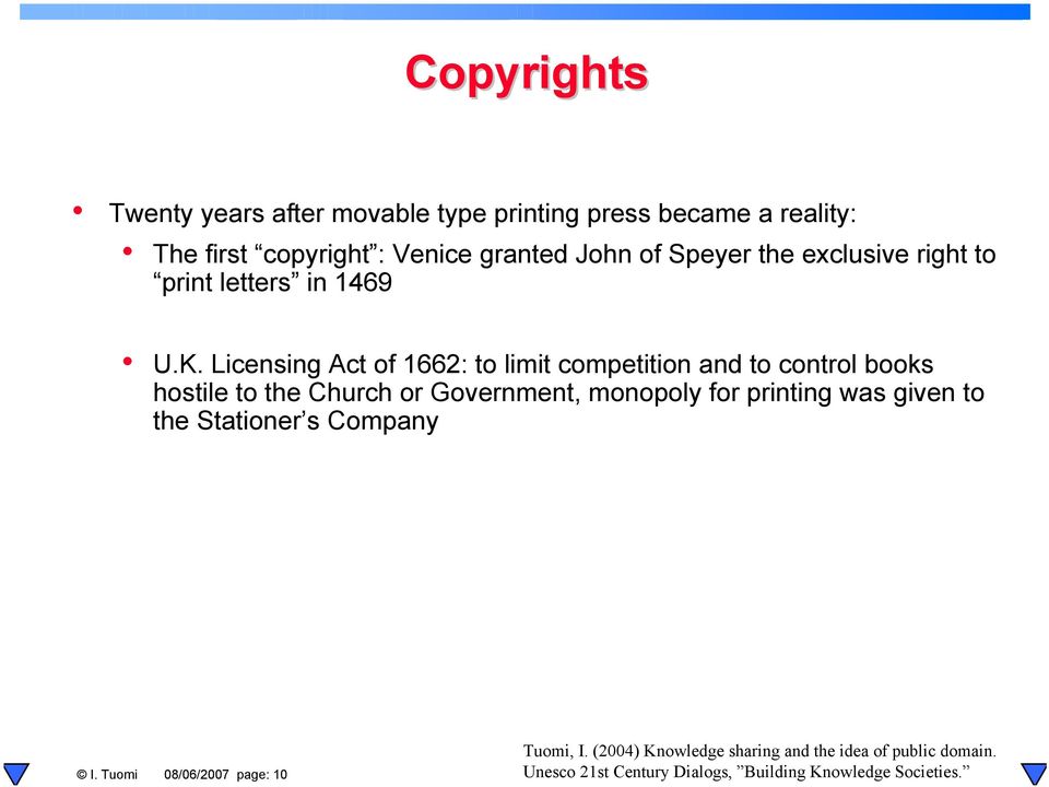 Licensing Act of 1662: to limit competition and to control books hostile to the Church or Government, monopoly for