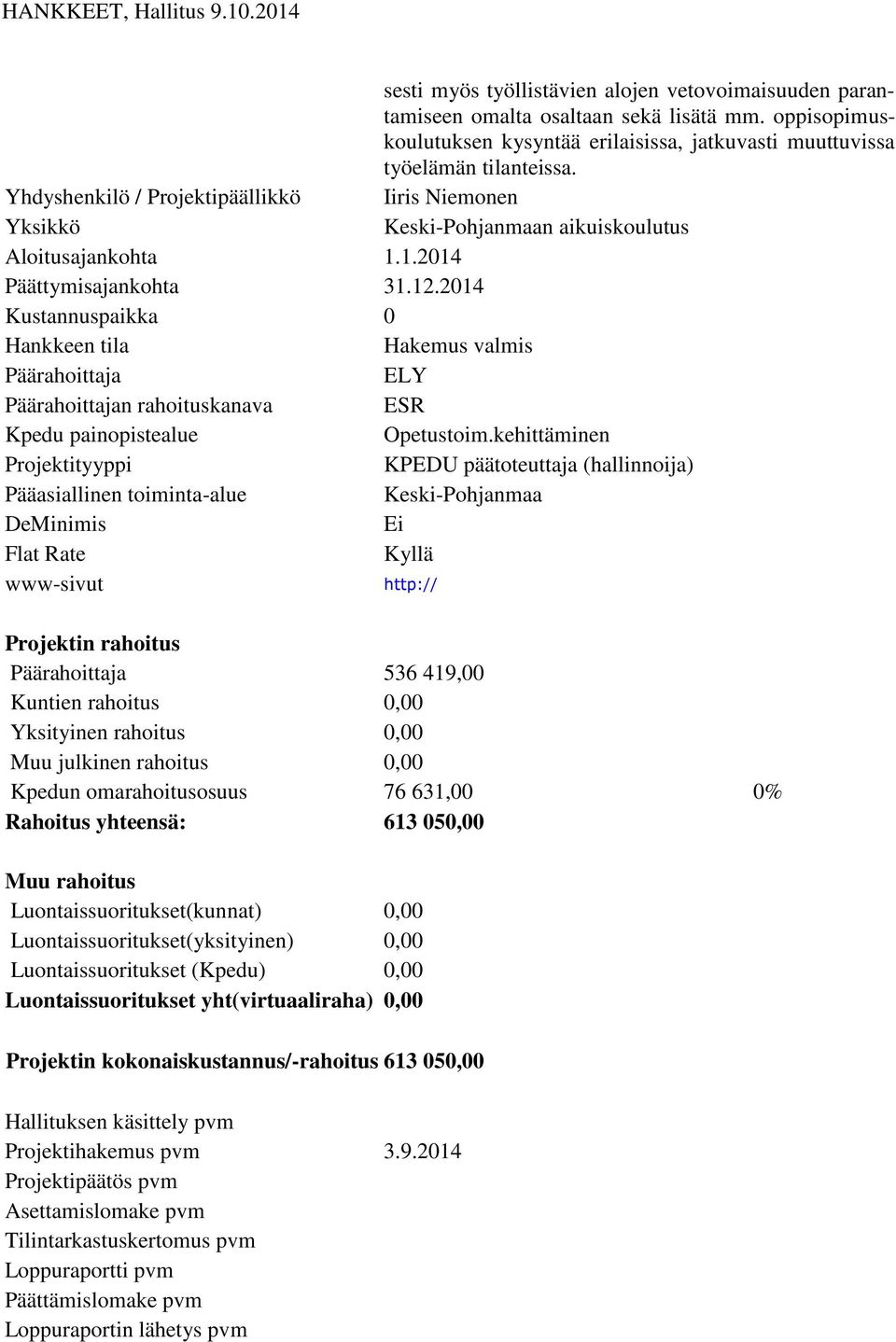 1.2014 Päättymisajankohta 31.12.2014 Kustannuspaikka 0 Hakemus valmis ELY n rahoituskanava ESR Opetustoim.