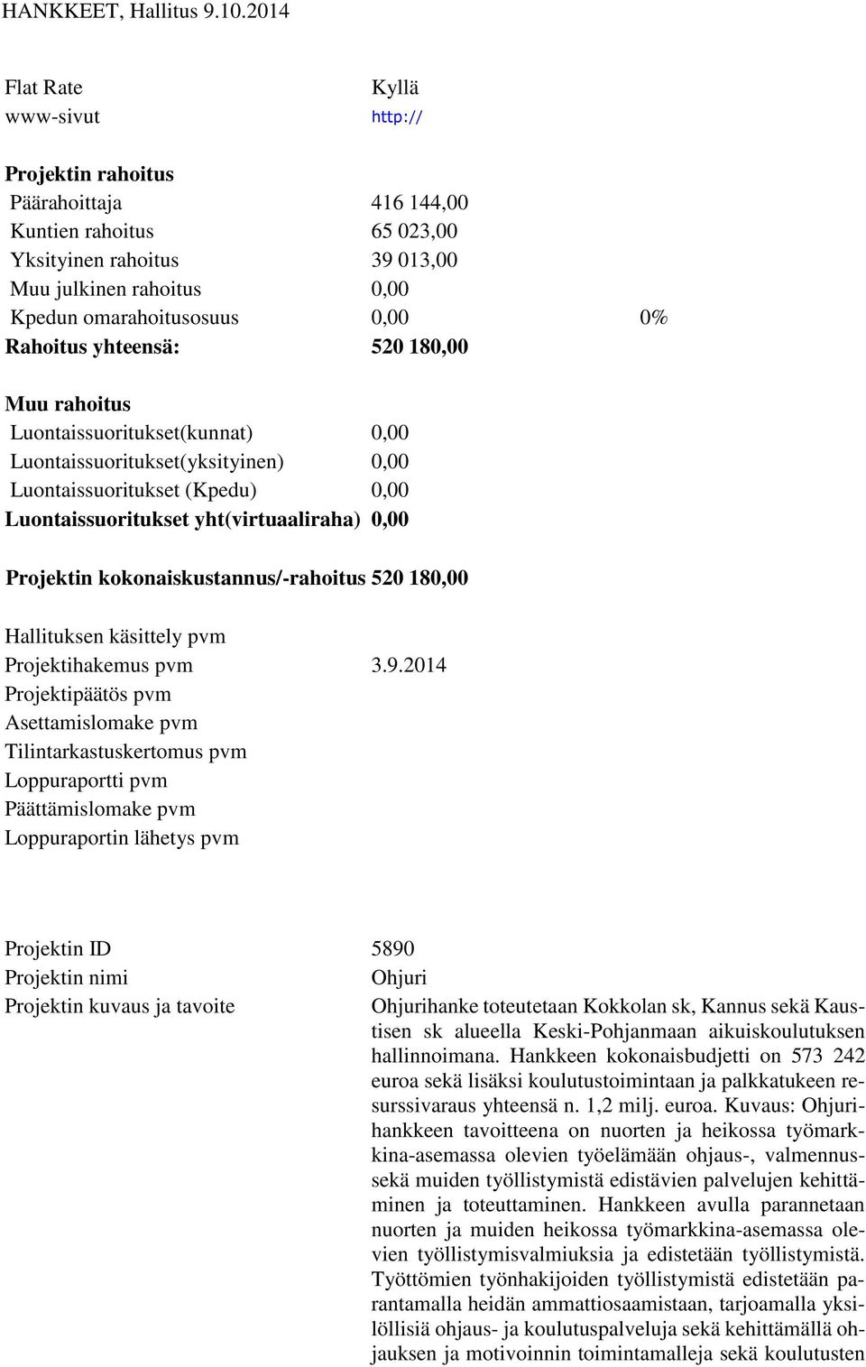 2014 Projektipäätös pvm Projektin ID 5890 Projektin nimi Ohjuri Ohjurihanke toteutetaan Kokkolan sk, Kannus sekä Kaustisen sk alueella Keski-Pohjanmaan aikuiskoulutuksen hallinnoimana.