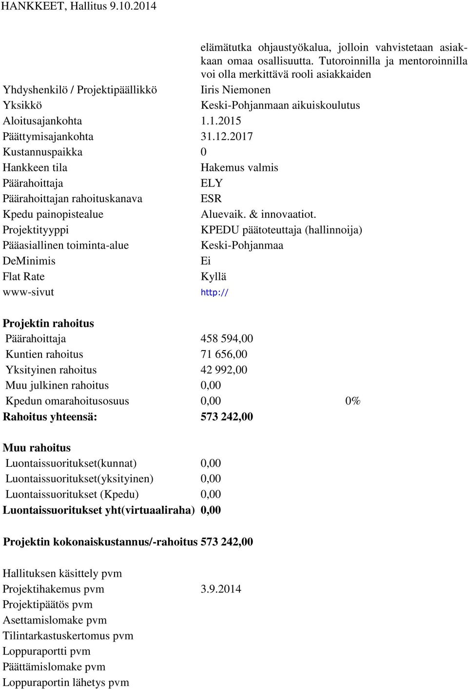 1.2015 Päättymisajankohta 31.12.2017 Kustannuspaikka 0 Hakemus valmis ELY n rahoituskanava ESR Aluevaik. & innovaatiot.