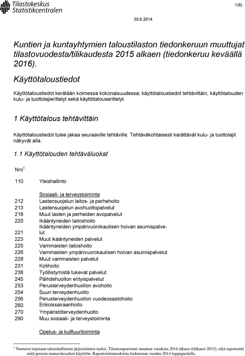 1 Käyttötalous tehtävittäin Käyttötaloustiedot tulee jakaa seuraaville tehtäville. Tehtäväkohtaisesti kerättävät kulu- ja tuottolajit näkyvät alla. 1.