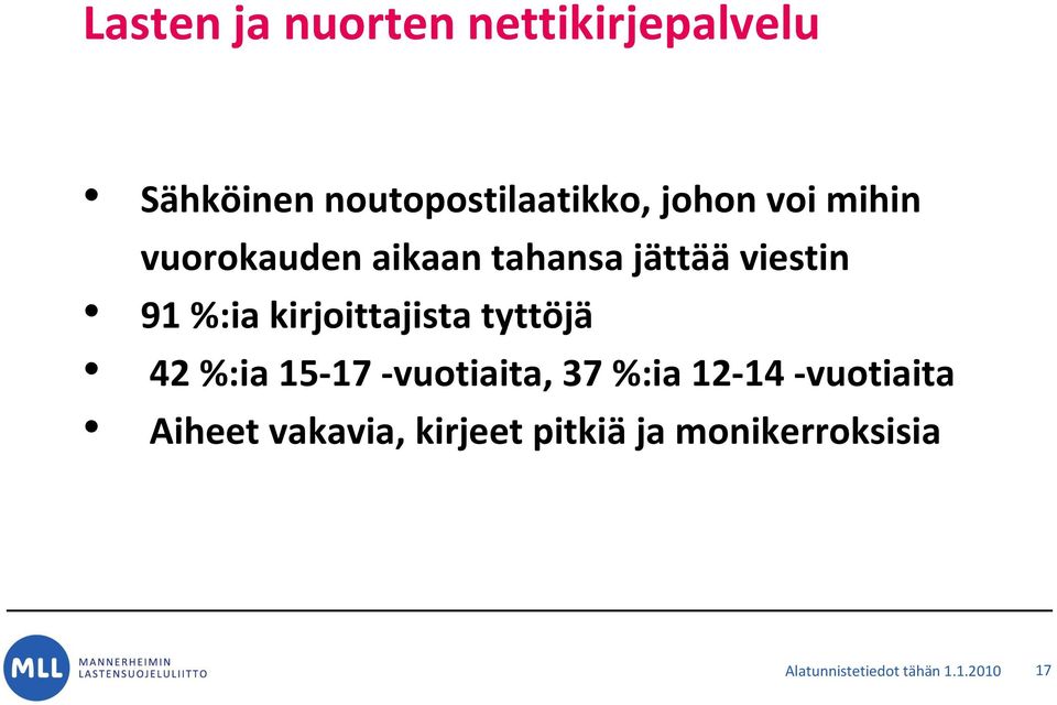 kirjoittajista tyttöjä 42 %:ia 15-17 -vuotiaita, 37 %:ia 12-14