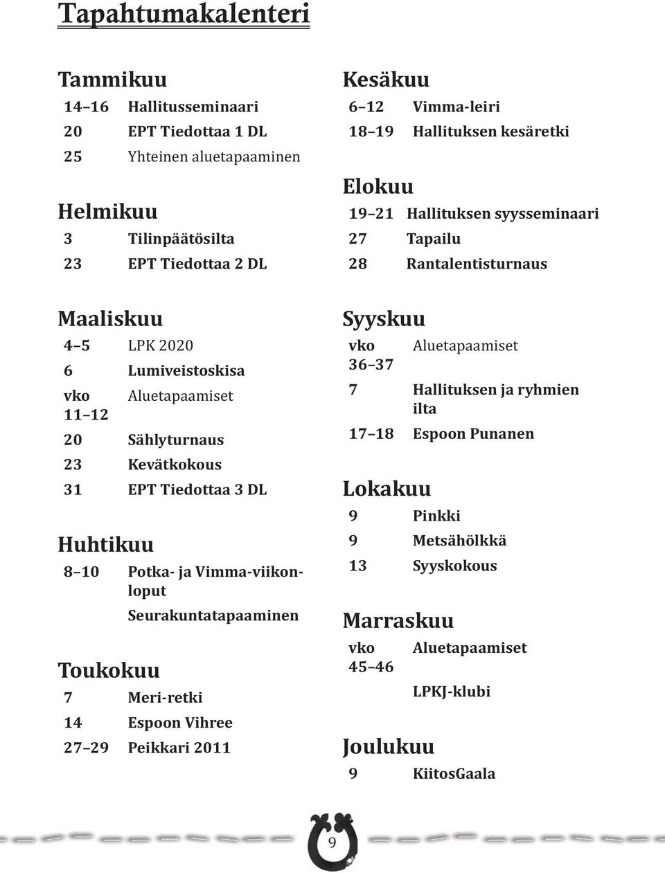 14 Espoon Vihree 27 29 Peikkari 2011 Kesäkuu 6 12 Vimma-leiri 18 19 Hallituksen kesäretki Elokuu 19 21 Hallituksen syysseminaari 27 Tapailu 28 Rantalentisturnaus Syyskuu vko