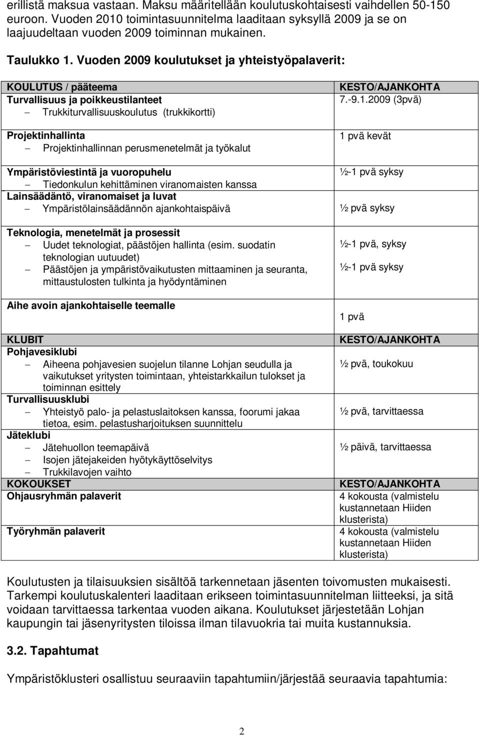 Vuoden 2009 koulutukset ja yhteistyöpalaverit: KOULUTUS / pääteema Turvallisuus ja poikkeustilanteet Trukkiturvallisuuskoulutus (trukkikortti) Projektinhallinta Projektinhallinnan perusmenetelmät ja