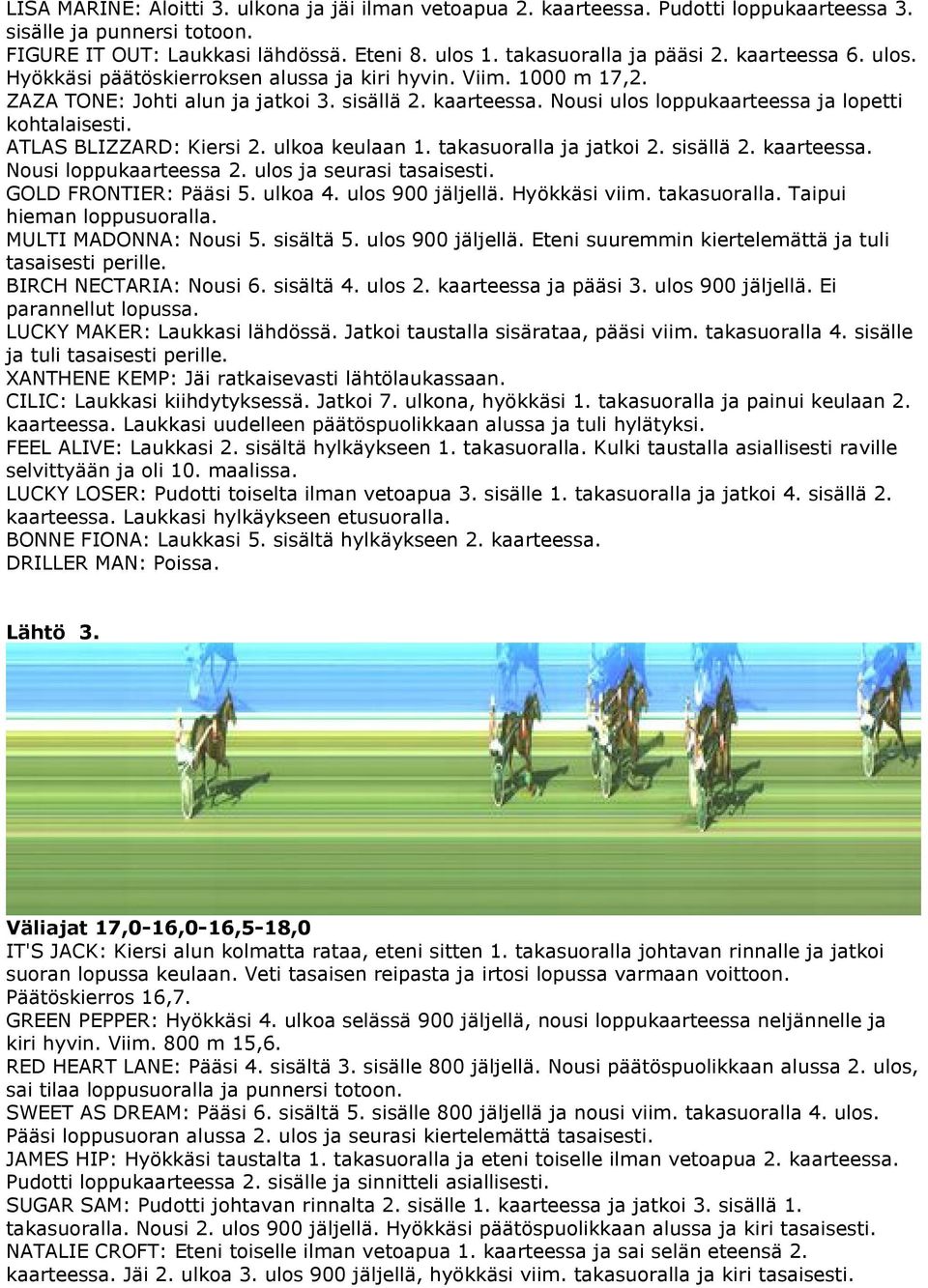 ATLAS BLIZZARD: Kiersi 2. ulkoa keulaan 1. takasuoralla ja jatkoi 2. sisällä 2. kaarteessa. Nousi loppukaarteessa 2. ulos ja seurasi tasaisesti. GOLD FRONTIER: Pääsi 5. ulkoa 4. ulos 900 jäljellä.