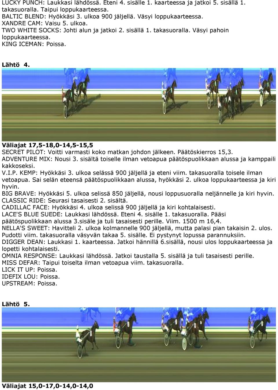 Väliajat 17,5-18,0-14,5-15,5 SECRET PILOT: Voitti varmasti koko matkan johdon jälkeen. Päätöskierros 15,3. ADVENTURE MIX: Nousi 3.