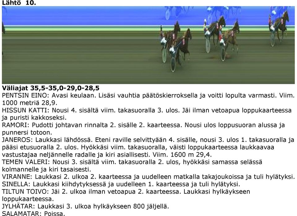 JANEROS: Laukkasi lähdössä. Eteni raville selvittyään 4. sisälle, nousi 3. ulos 1. takasuoralla ja pääsi etusuoralla 2. ulos. Hyökkäsi viim.