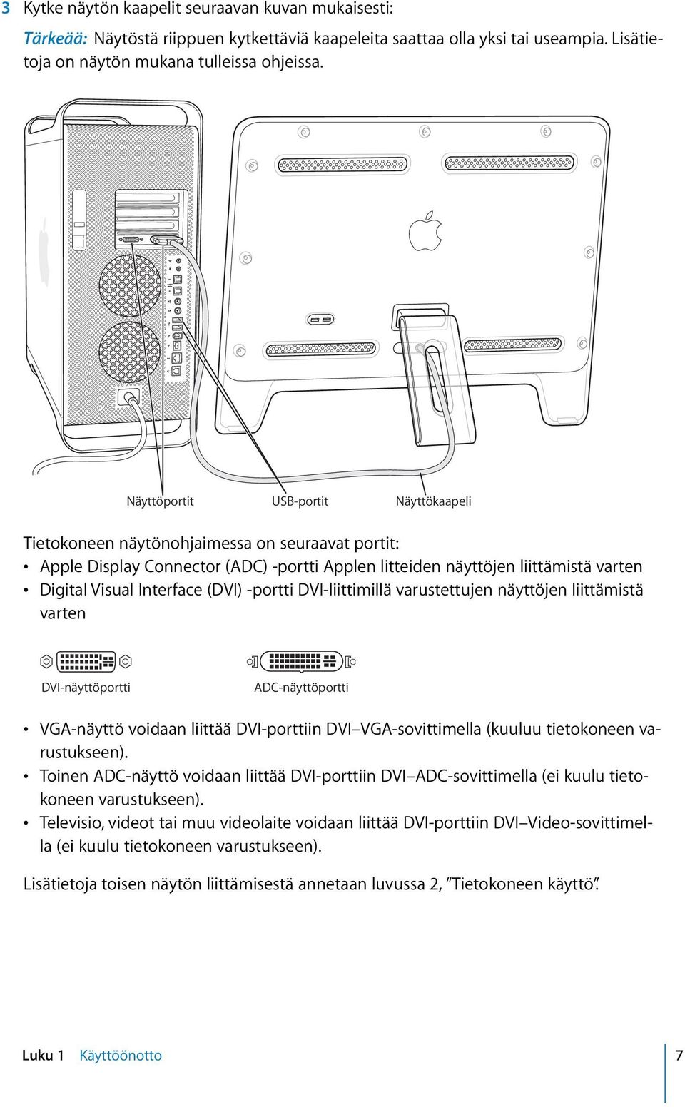 (DVI) -portti DVI-liittimillä varustettujen näyttöjen liittämistä varten DVI-näyttöportti ADC-näyttöportti VGA-näyttö voidaan liittää DVI-porttiin DVI VGA-sovittimella (kuuluu tietokoneen