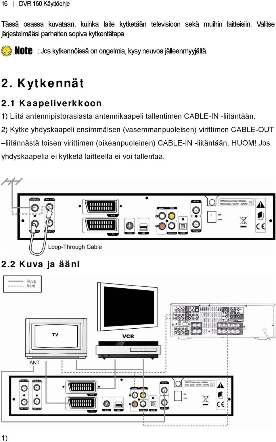 1 Kaapeliverkkoon 1) Liitä antennipistorasiasta antennikaapeli tallentimen CABLE-IN -liitäntään.