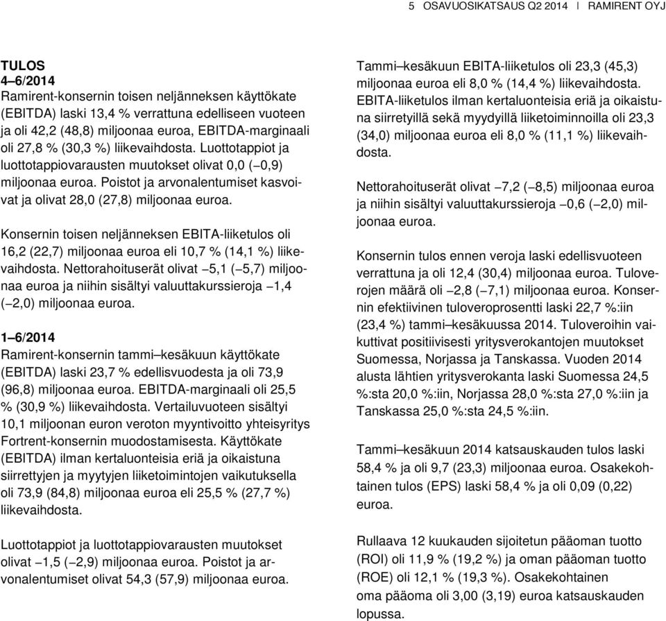 Poistot ja arvonalentumiset kasvoivat ja olivat 28,0 (27,8) miljoonaa euroa. Konsernin toisen neljänneksen EBITA-liiketulos oli 16,2 (22,7) miljoonaa euroa eli 10,7 % (14,1 %) liikevaihdosta.