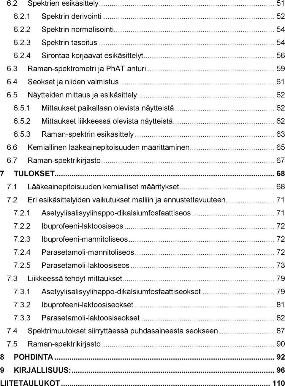 .. 62 6.5.3 Raman-spektrin esikäsittely... 63 6.6 Kemiallinen lääkeainepitoisuuden määrittäminen... 65 6.7 Raman-spektrikirjasto... 67 7 TULOKSET... 68 7.