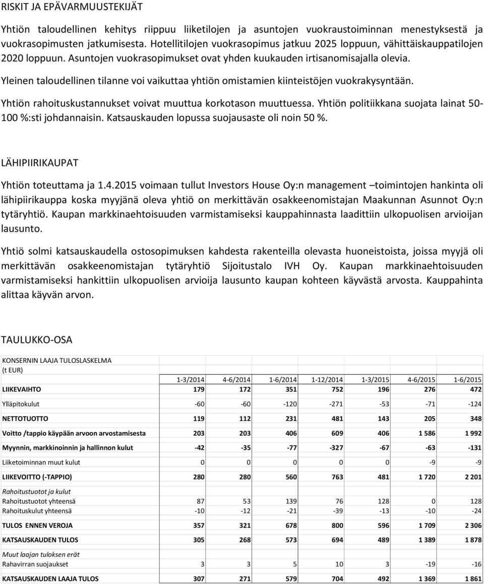 Yleinen taloudellinen tilanne voi vaikuttaa yhtiön omistamien kiinteistöjen vuokrakysyntään. Yhtiön rahoituskustannukset voivat muuttua korkotason muuttuessa.