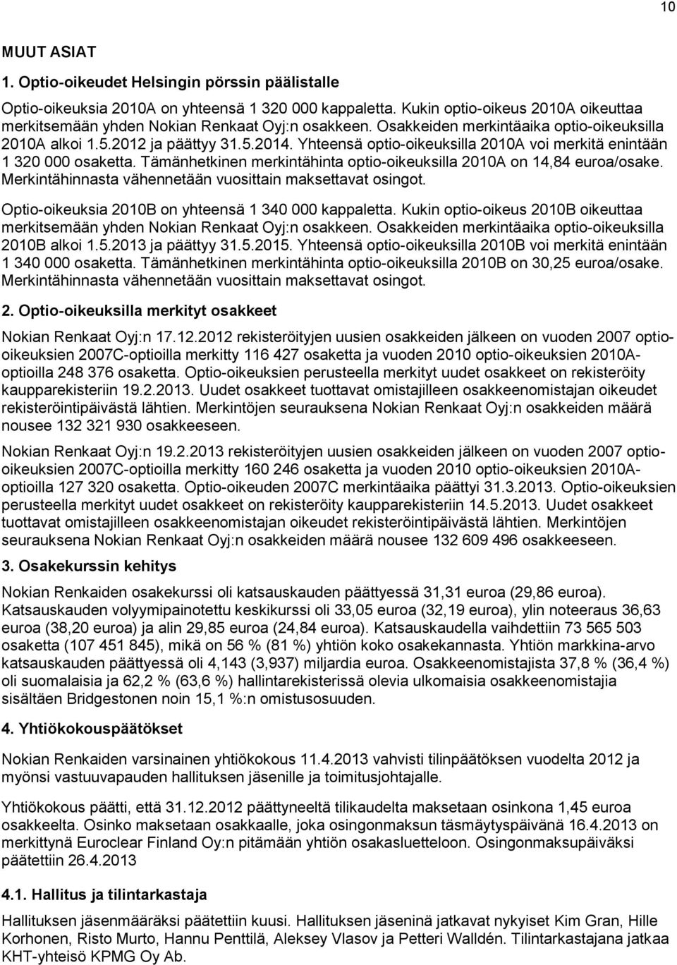 Yhteensä optio-oikeuksilla 2010A voi merkitä enintään 1 320 000 osaketta. Tämänhetkinen merkintähinta optio-oikeuksilla 2010A on 14,84 euroa/osake.
