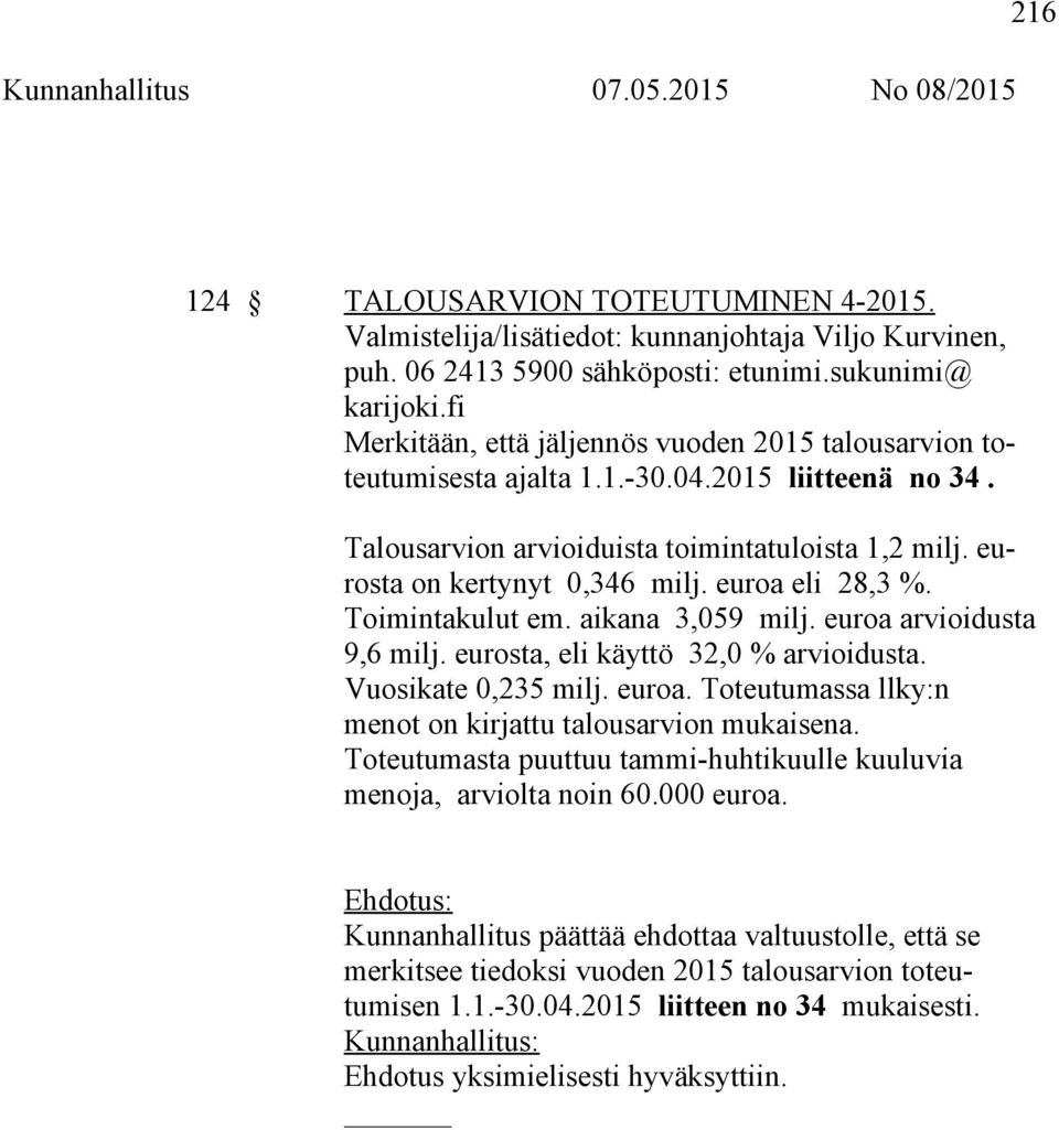 euroa eli 28,3 %. Toimintakulut em. aikana 3,059 milj. euroa arvioidusta 9,6 milj. eurosta, eli käyttö 32,0 % arvioidusta. Vuosikate 0,235 milj. euroa. Toteutumassa llky:n menot on kirjattu talousarvion mukaisena.