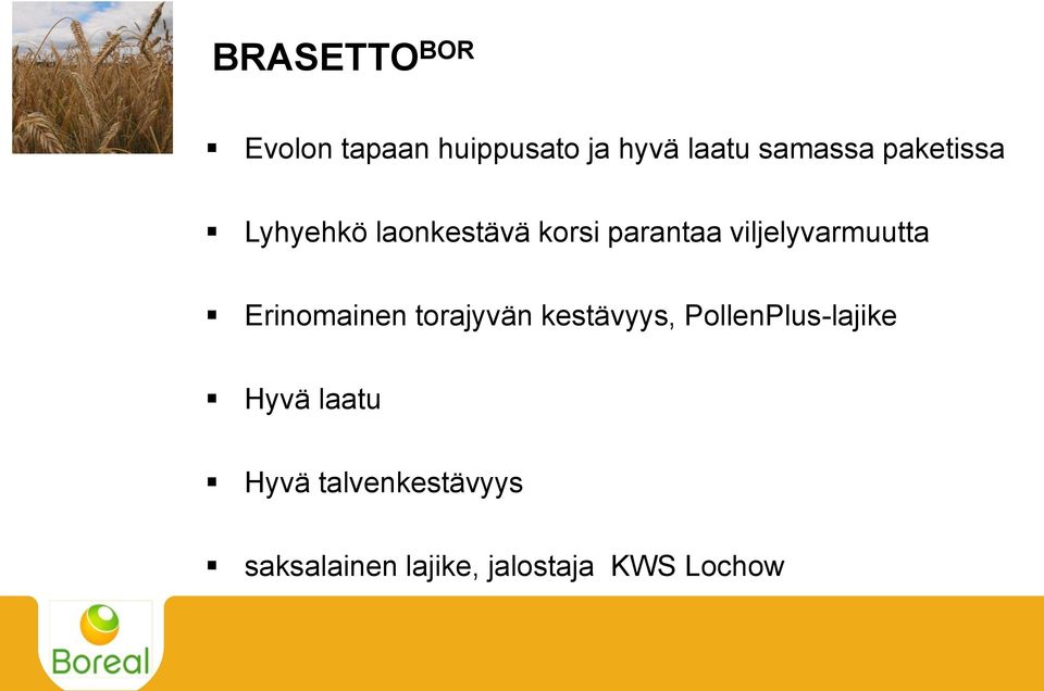 viljelyvarmuutta Erinomainen torajyvän kestävyys,