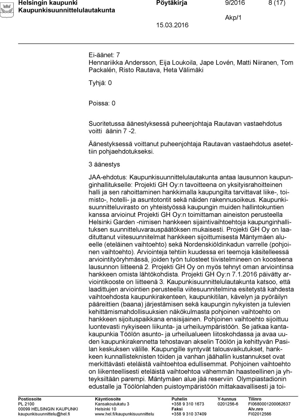 3 äänestys JAA-ehdotus: antaa lausunnon kaupunginhallitukselle: Projekti GH Oy:n tavoitteena on yksityisrahoitteinen halli ja sen rahoittaminen hankkimalla kaupungilta tarvittavat liike-, toimisto-,