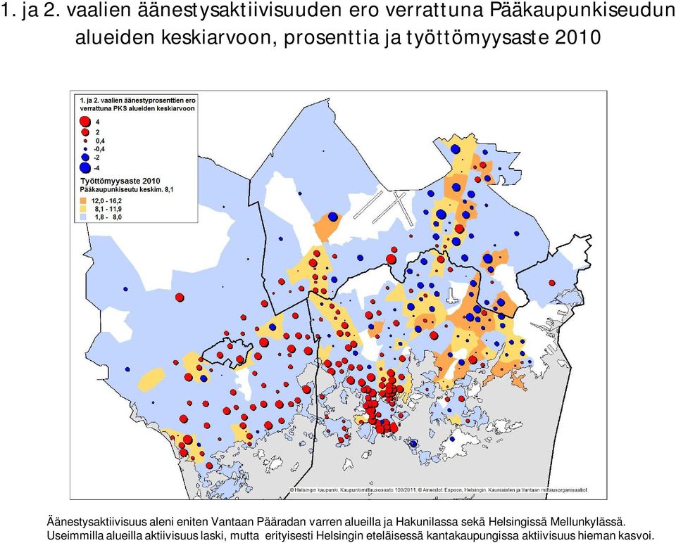 prosenttia ja työttömyysaste 2010 Äänestysaktiivisuus aleni eniten Vantaan Pääradan varren