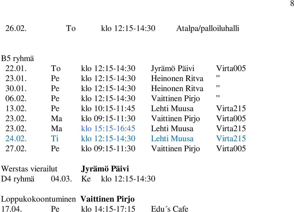 02. Ti klo 12:15-14:30 Lehti Muusa Virta215 27.02. Pe klo 09:15-11:30 Vaittinen Pirjo Virta005 Werstas vierailut Jyrämö Päivi D4 ryhmä 04.03.