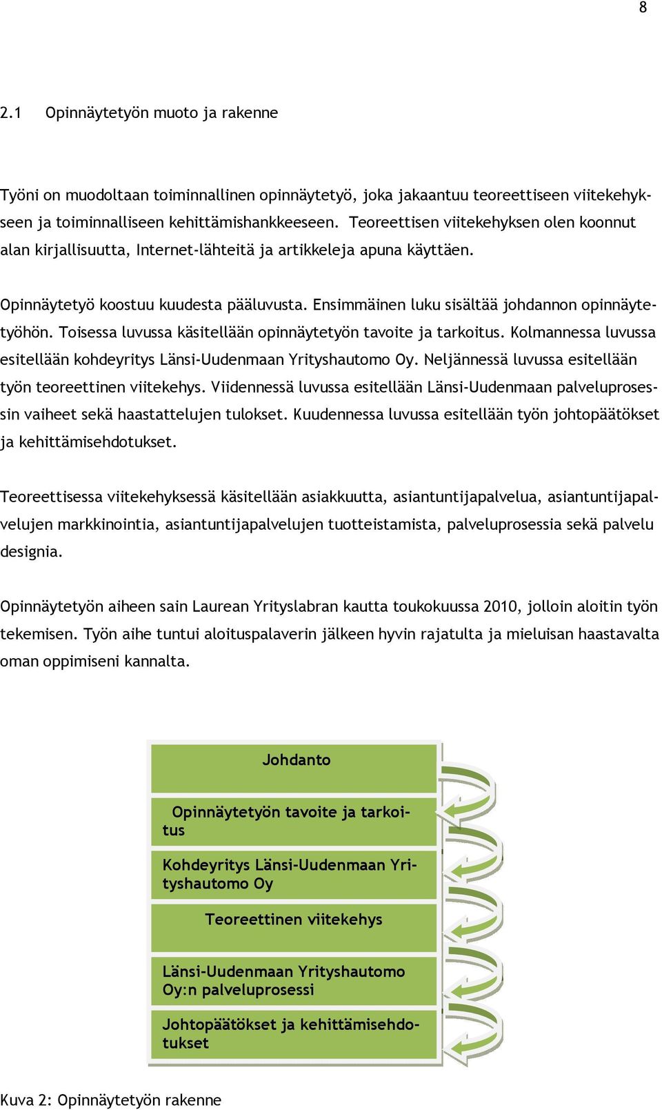 Ensimmäinen luku sisältää johdannon opinnäytetyöhön. Toisessa luvussa käsitellään opinnäytetyön tavoite ja tarkoitus. Kolmannessa luvussa esitellään kohdeyritys Länsi-Uudenmaan Yrityshautomo Oy.