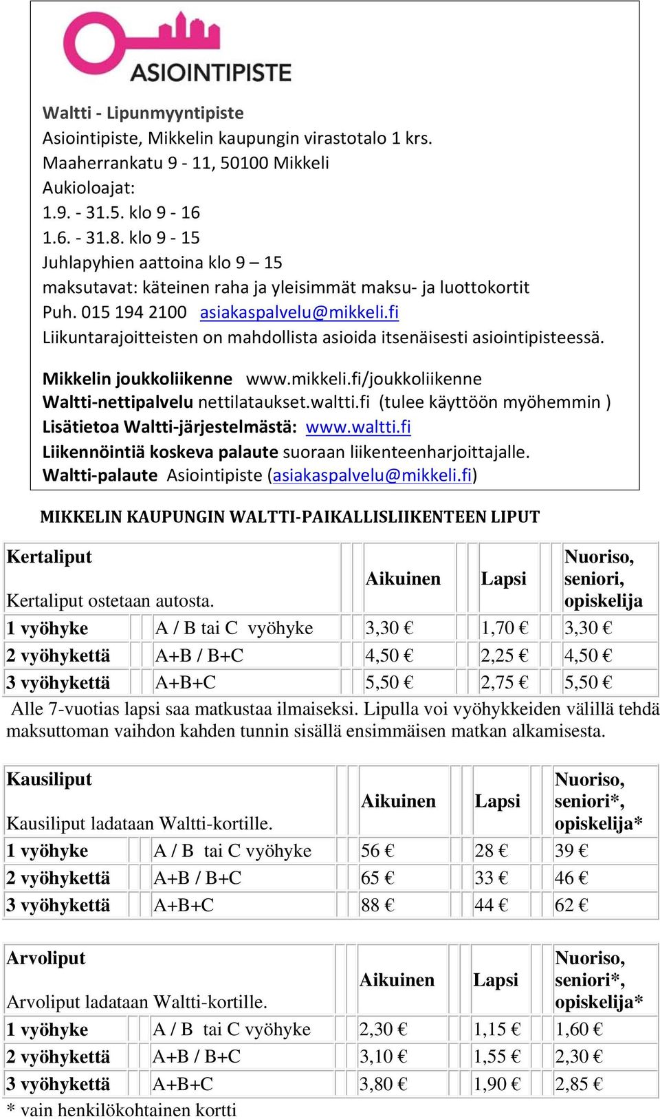 fi Liikuntarajoitteisten on mahdollista asioida itsenäisesti asiointipisteessä. Mikkelin joukkoliikenne www.mikkeli.fi/joukkoliikenne Waltti nettipalvelu nettilataukset.waltti.