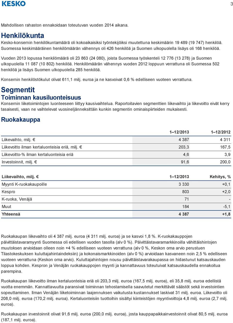 Vuoden 2013 lopussa henkilömäärä oli 23 863 (24 080), joista Suomessa työskenteli 12 776 (13 278) ja Suomen ulkopuolella 11 087 (10 802) henkilöä.