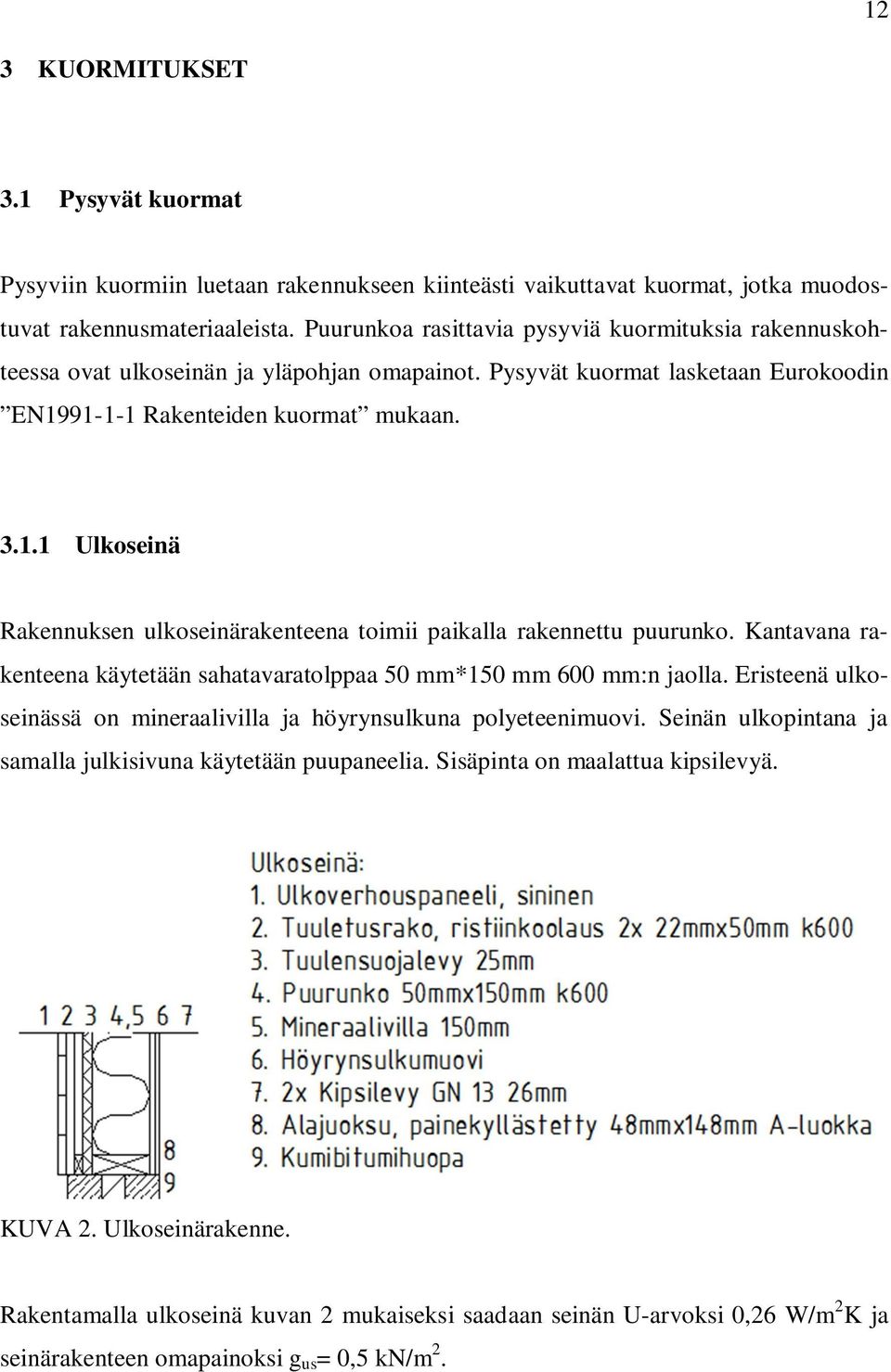 91-1-1 Rakenteiden kuormat mukaan. 3.1.1 Ulkoseinä Rakennuksen ulkoseinärakenteena toimii paikalla rakennettu puurunko. Kantavana rakenteena käytetään sahatavaratolppaa 50 mm*150 mm 600 mm:n jaolla.