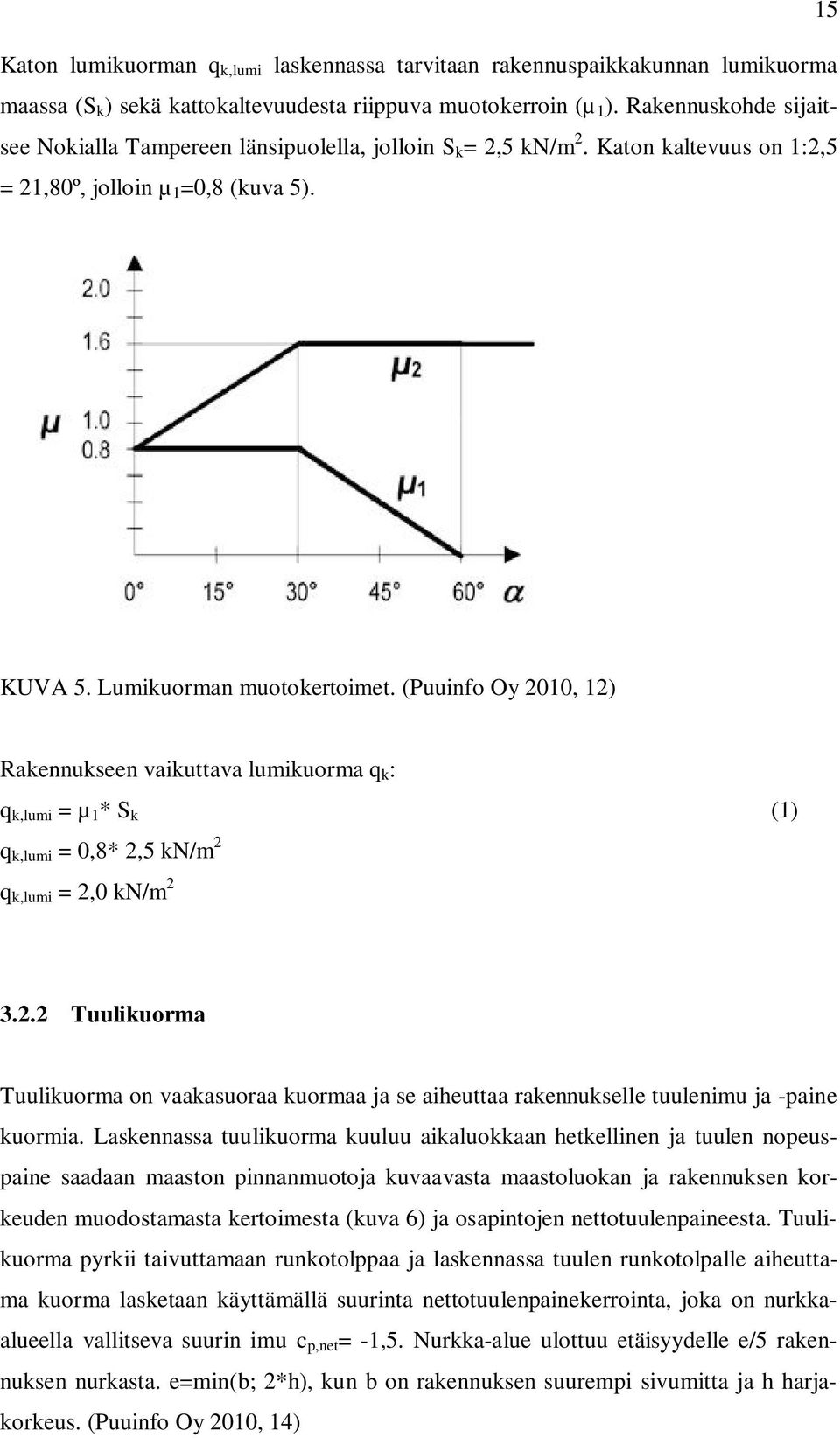 (Puuinfo Oy 2010, 12) Rakennukseen vaikuttava lumikuorma q k : q k,lumi = µ 1 * S k (1) q k,lumi = 0,8* 2,5 kn/m 2 q k,lumi = 2,0 kn/m 2 3.2.2 Tuulikuorma Tuulikuorma on vaakasuoraa kuormaa ja se aiheuttaa rakennukselle tuulenimu ja -paine kuormia.