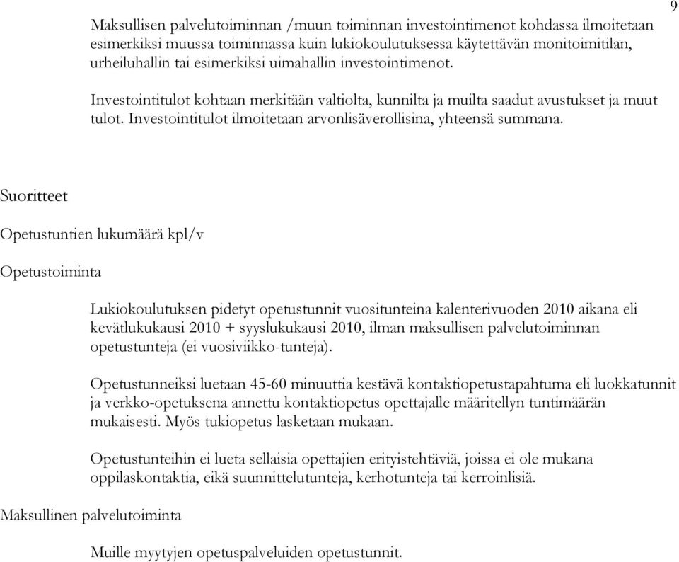 Suoritteet Opetustuntien lukumäärä kpl/v Opetustoiminta Lukiokoulutuksen pidetyt opetustunnit vuositunteina kalenterivuoden 2010 aikana eli kevätlukukausi 2010 + syyslukukausi 2010, ilman maksullisen