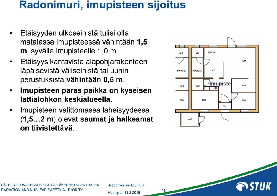 Etäisyys kantavista alapohjarakenteen läpäisevistä väliseinistä tai uunin perustuksista vähintään