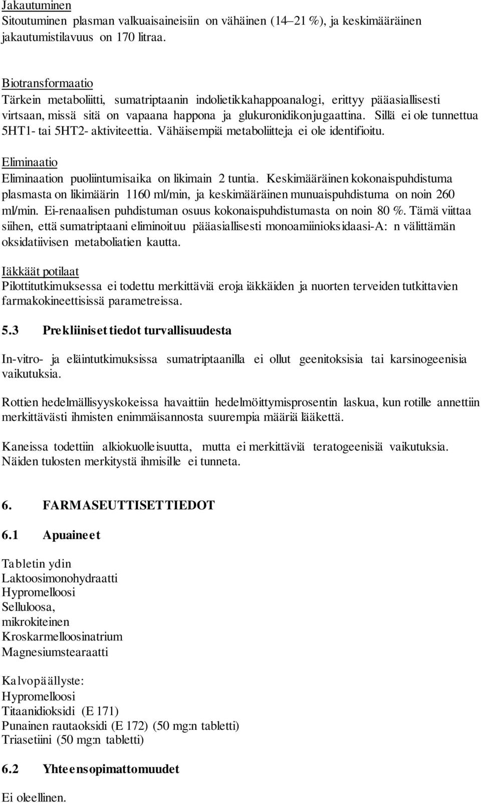 Sillä ei ole tunnettua 5HT1- tai 5HT2- aktiviteettia. Vähäisempiä metaboliitteja ei ole identifioitu. Eliminaatio Eliminaation puoliintumisaika on likimain 2 tuntia.