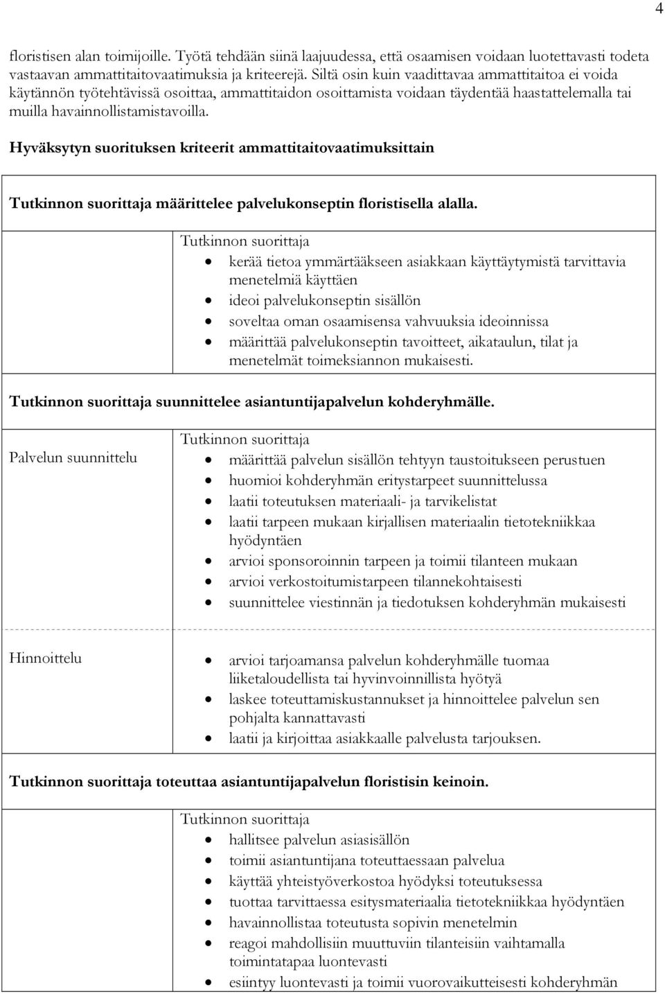 Hyväksytyn suorituksen kriteerit ammattitaitovaatimuksittain määrittelee palvelukonseptin floristisella alalla.