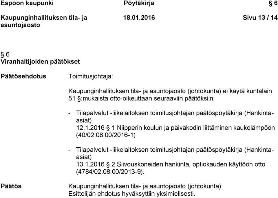 päätöksiin: - Tilapalvelut -liikelaitoksen toimitusjohtajan päätöspöytäkirja (Hankintaasiat) 12