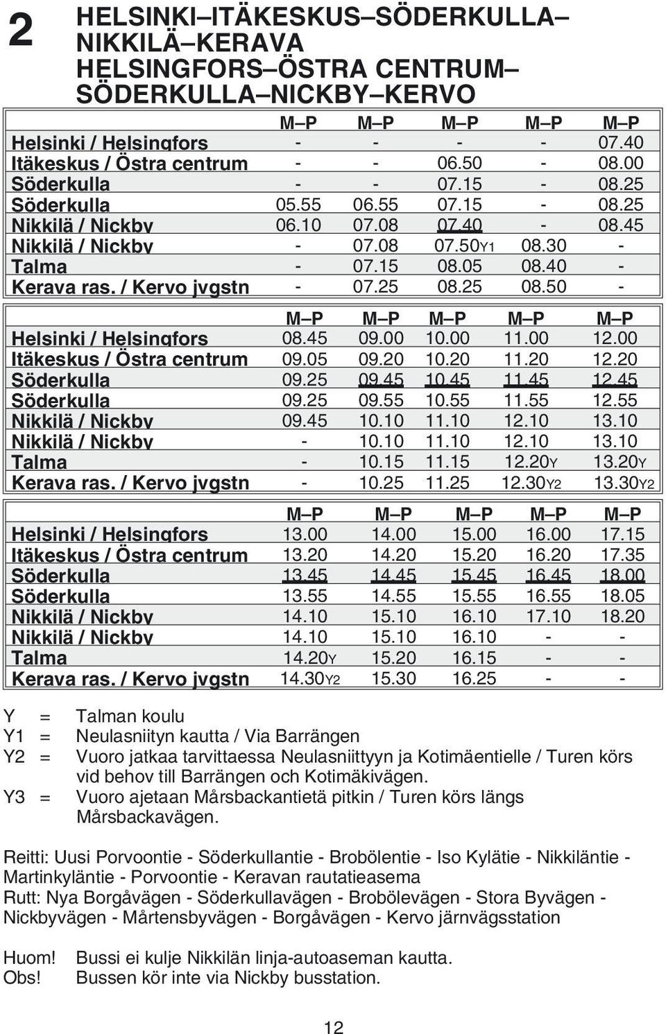 / Kervo jvgstn - 07.25 08.25 08.50 - M P M P M P M P M P Helsinki / Helsingfors 08.45 09.00 10.00 11.00 12.00 Itäkeskus / Östra centrum 09.05 09.20 10.20 11.20 12.20 Söderkulla 09.25 09.45 10.45 11.