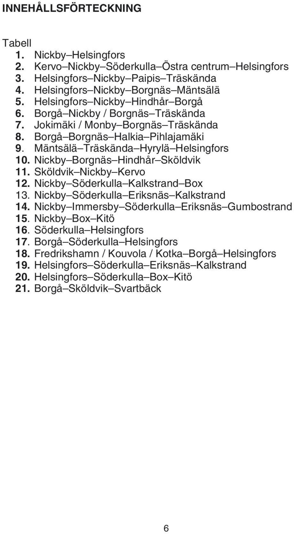 Nickby Borgnäs Hindhår Sköldvik 11. Sköldvik Nickby Kervo 12. Nickby Söderkulla Kalkstrand Box 13. Nickby Söderkulla Eriksnäs Kalkstrand 14. Nickby Immersby Söderkulla Eriksnäs Gumbostrand 15.