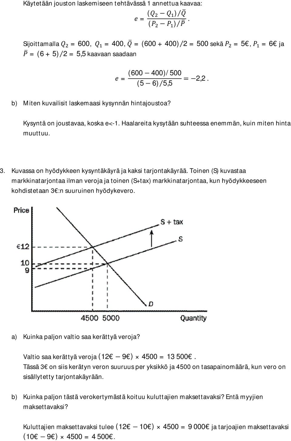 Kysyntä on joustavaa, koska e<-1. Haalareita kysytään suhteessa enemmän, kuin miten hinta muuttuu. 3. Kuvassa on hyödykkeen kysyntäkäyrä ja kaksi tarjontakäyrää.