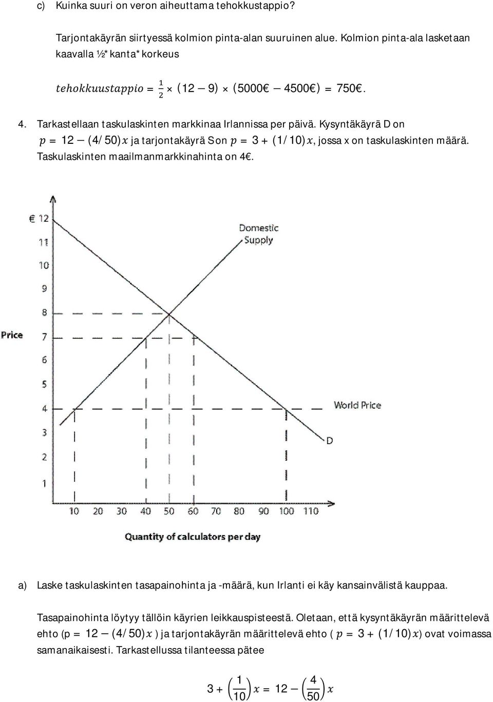 Kysyntäkäyrä D on = 12 (4/50) ja tarjontakäyrä S on = 3 + (1/10), jossa x on taskulaskinten määrä. Taskulaskinten maailmanmarkkinahinta on 4.