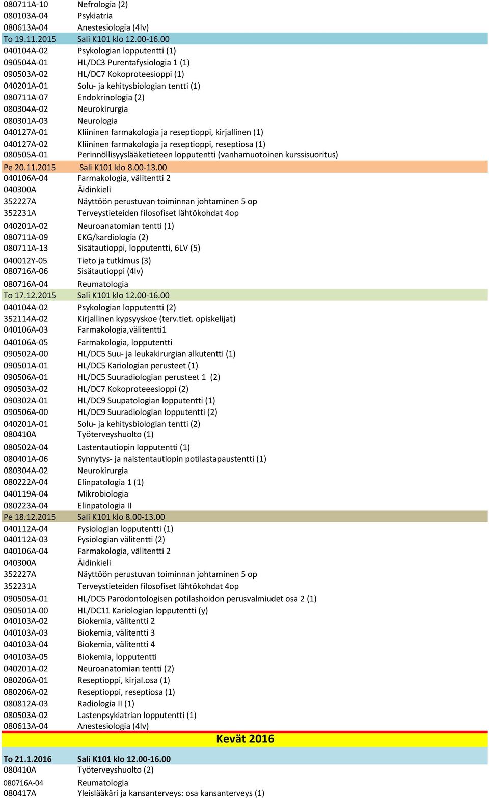 (2) 080304A-02 Neurokirurgia 080301A-03 Neurologia 040127A-01 Kliininen farmakologia ja reseptioppi, kirjallinen (1) 040127A-02 Kliininen farmakologia ja reseptioppi, reseptiosa (1) 080505A-01