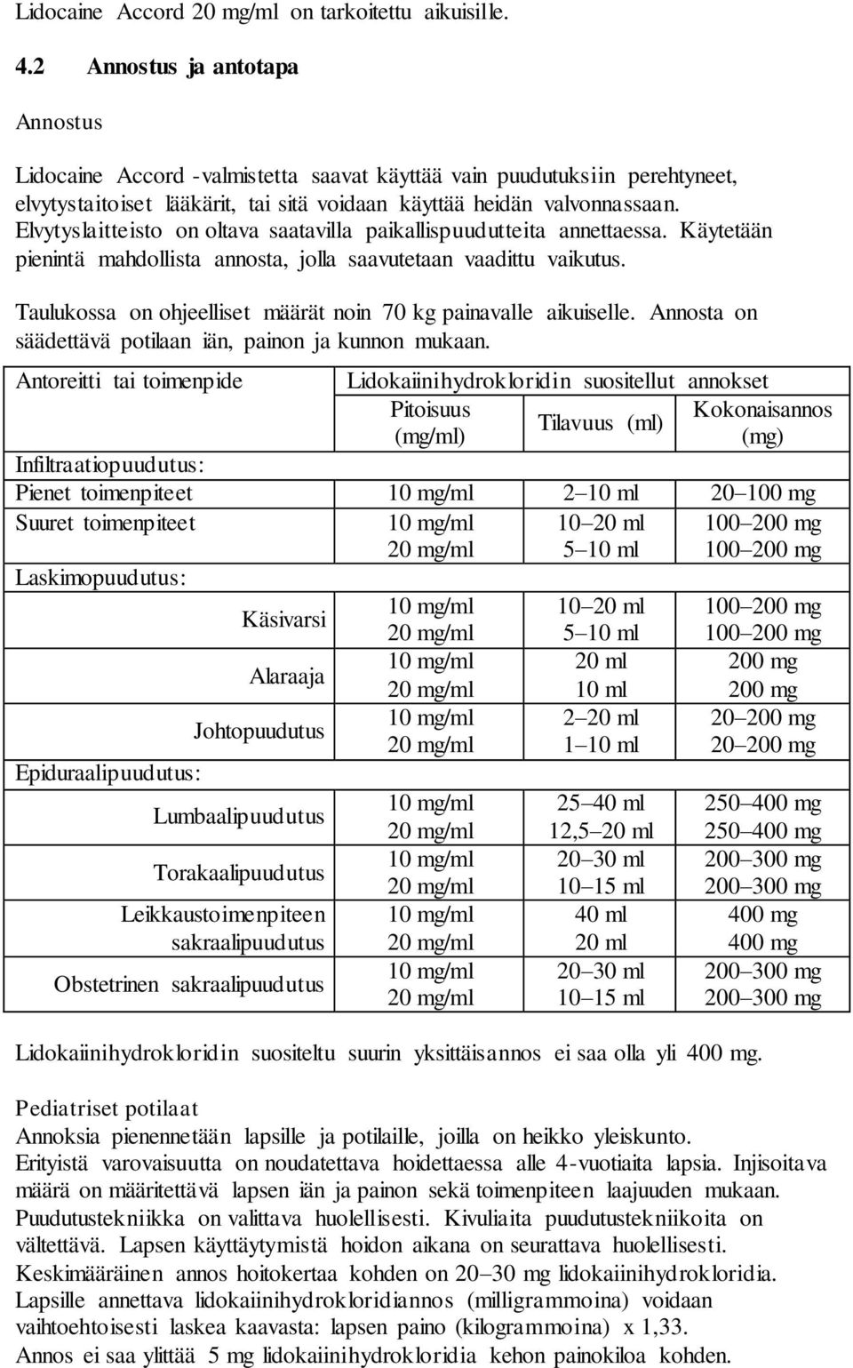 Elvytyslaitteisto on oltava saatavilla paikallispuudutteita annettaessa. Käytetään pienintä mahdollista annosta, jolla saavutetaan vaadittu vaikutus.