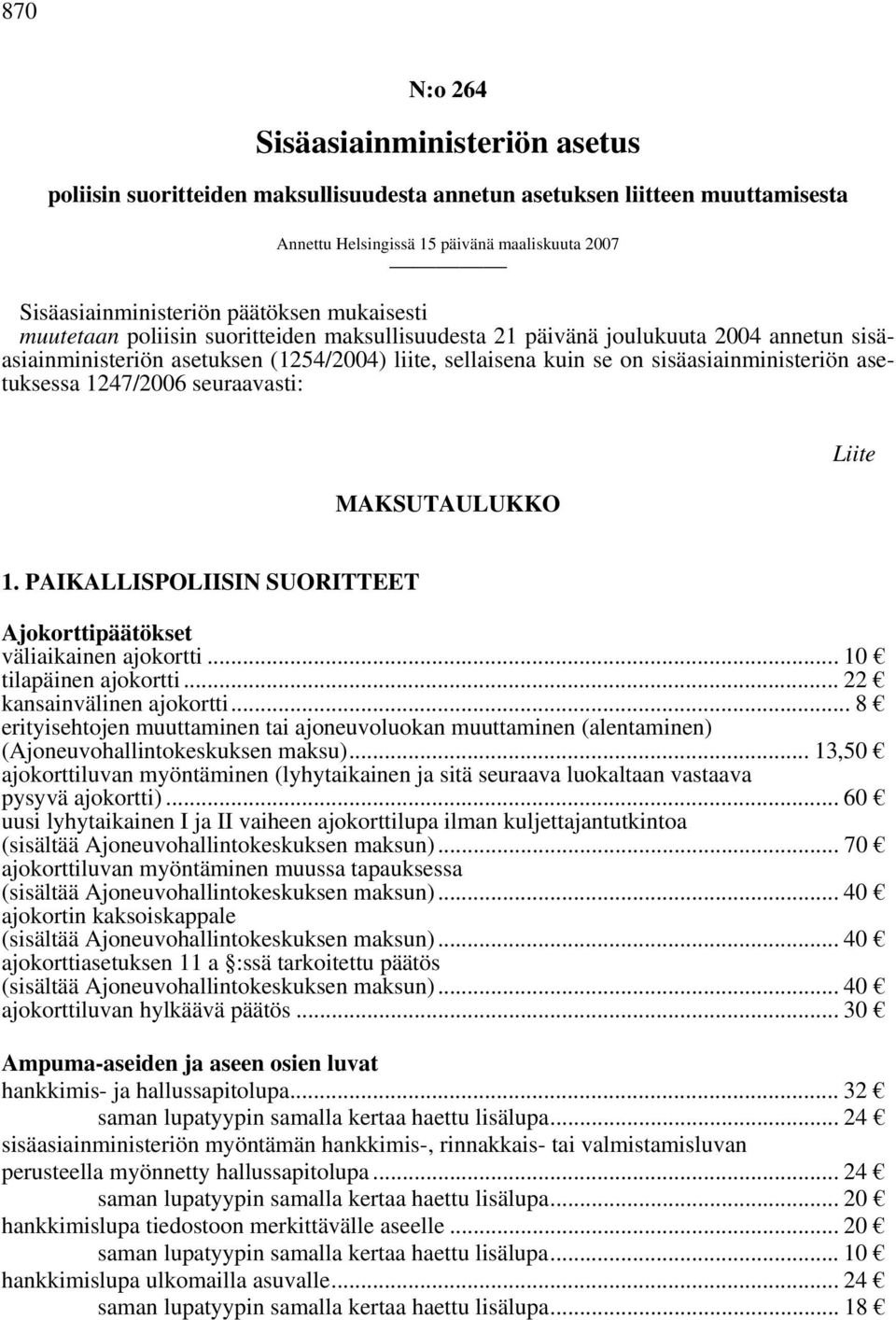 asetuksessa 1247/2006 seuraavasti: MAKSUTAULUKKO Liite 1. PAIKALLISPOLIISIN SUORITTEET Ajokorttipäätökset väliaikainen ajokortti... 10 tilapäinen ajokortti... 22 kansainvälinen ajokortti.