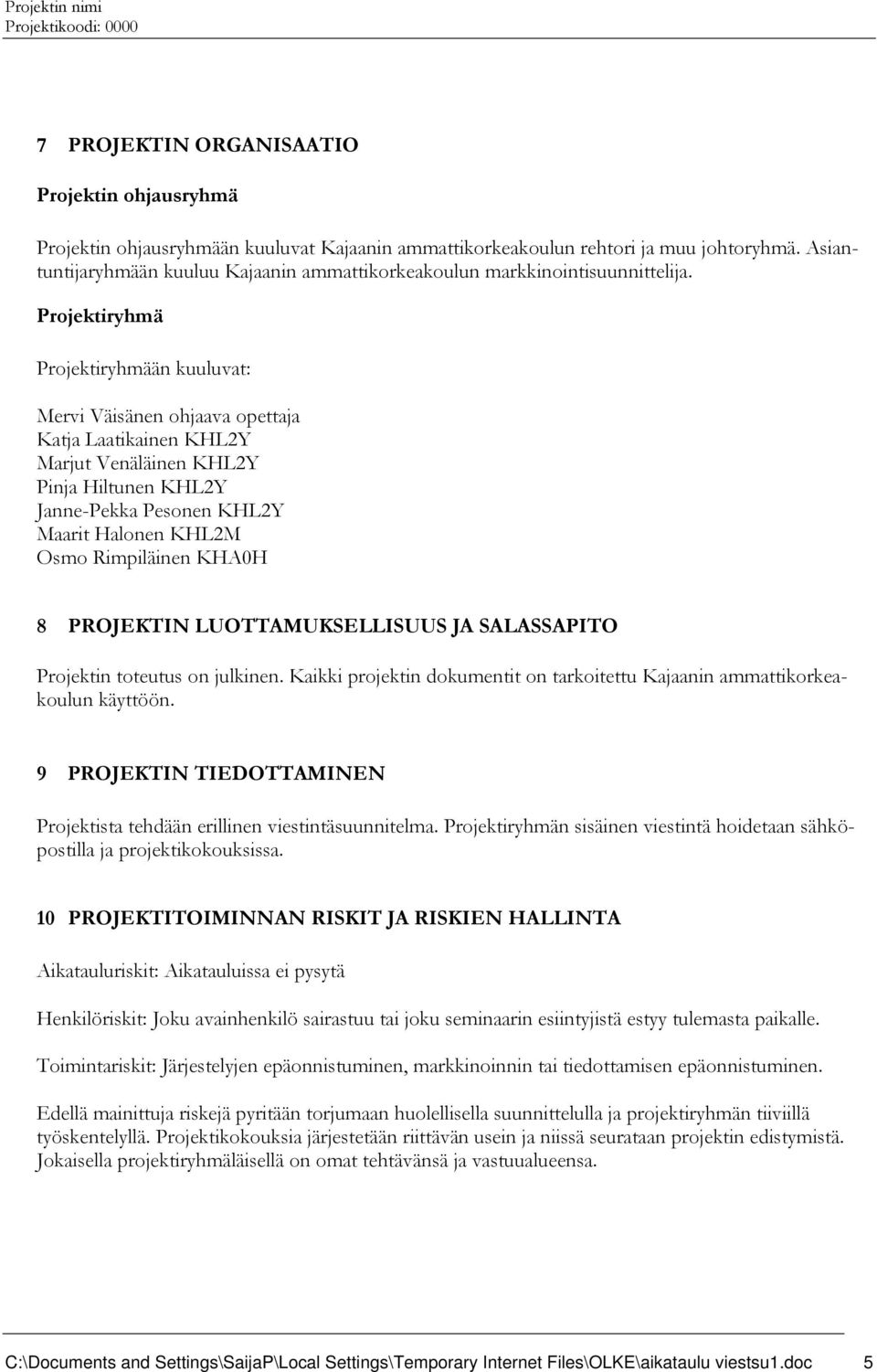 Projektiryhmä Projektiryhmään kuuluvat: Mervi Väisänen ohjaava opettaja Katja Laatikainen KHL2Y Marjut Venäläinen KHL2Y Pinja Hiltunen KHL2Y Janne-Pekka Pesonen KHL2Y Maarit Halonen KHL2M Osmo