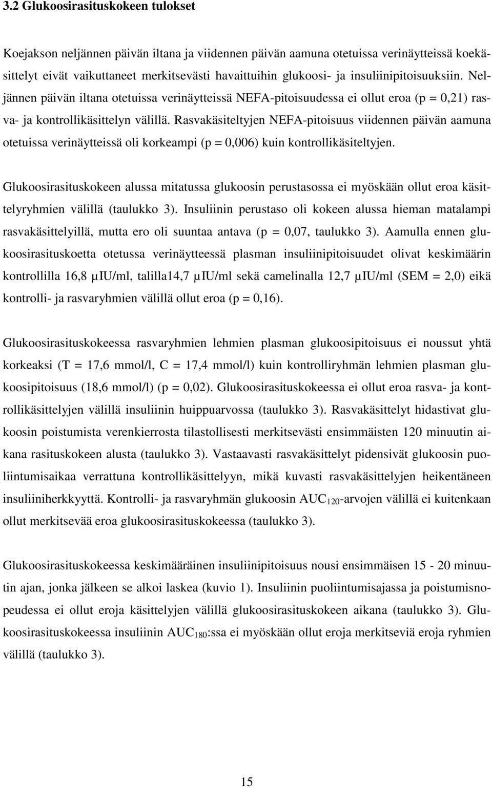 Rasvakäsiteltyjen NEFA-pitoisuus viidennen päivän aamuna otetuissa verinäytteissä oli korkeampi (p = 0,006) kuin kontrollikäsiteltyjen.