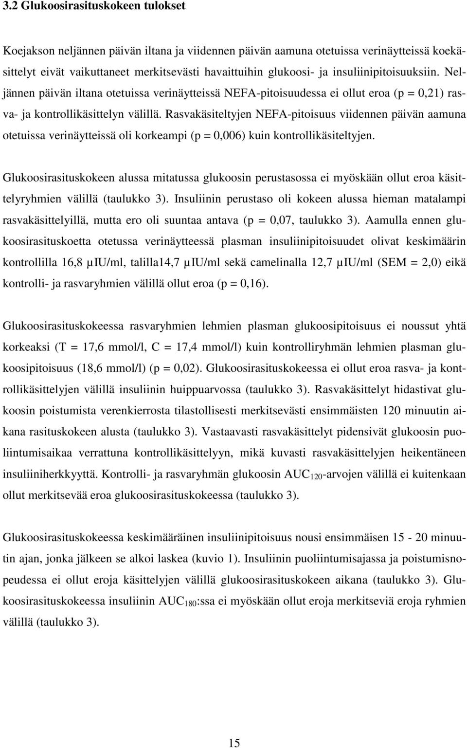 Rasvakäsiteltyjen NEFA-pitoisuus viidennen päivän aamuna otetuissa verinäytteissä oli korkeampi (p = 0,006) kuin kontrollikäsiteltyjen.