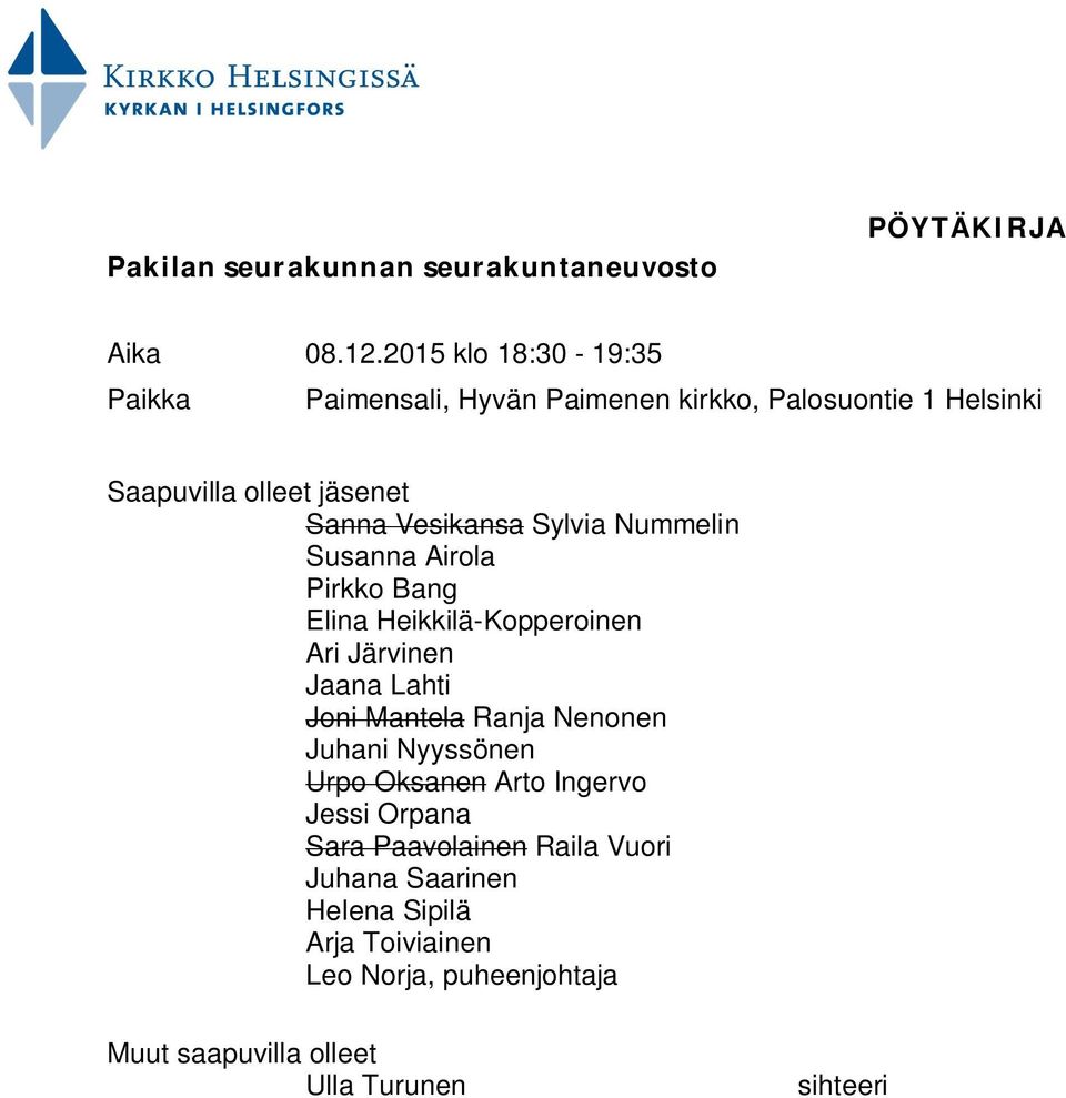 Sylvia Nummelin Susanna Airola Pirkko Bang Elina Heikkilä-Kopperoinen Ari Järvinen Jaana Lahti Joni Mantela Ranja Nenonen