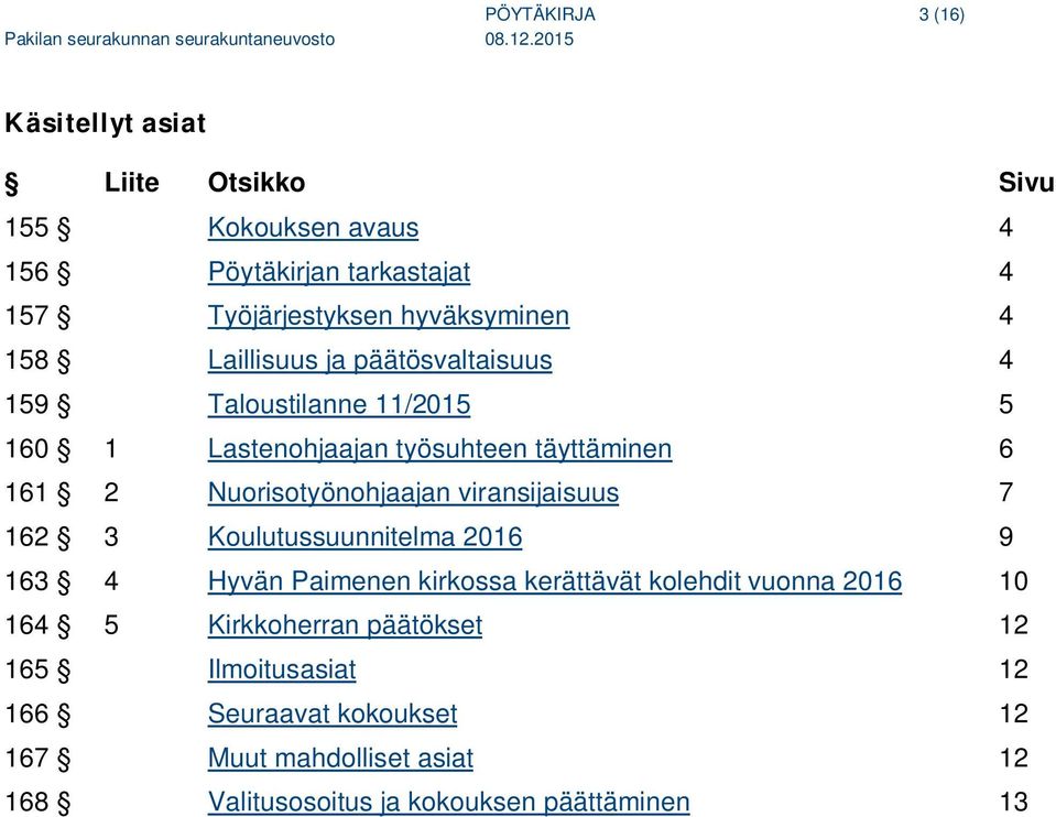 Nuorisotyönohjaajan viransijaisuus 7 162 3 Koulutussuunnitelma 2016 9 163 4 Hyvän Paimenen kirkossa kerättävät kolehdit vuonna 2016 10