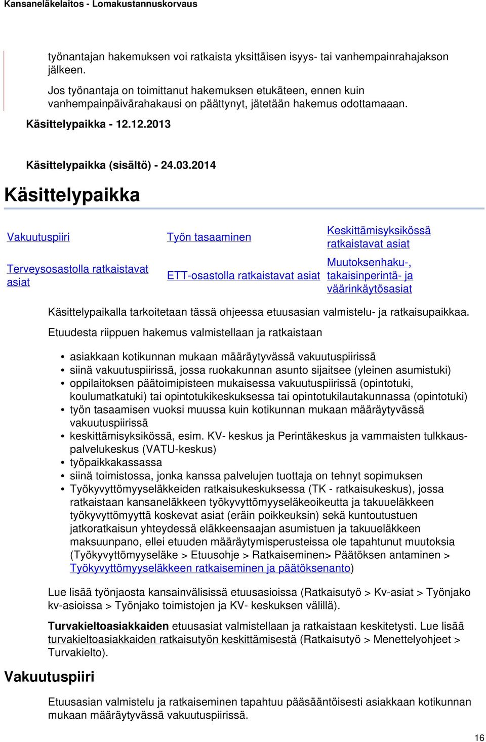 2014 Käsittelypaikka Vakuutuspiiri Terveysosastolla ratkaistavat asiat Työn tasaaminen ETT-osastolla ratkaistavat asiat Keskittämisyksikössä ratkaistavat asiat Muutoksenhaku-, takaisinperintä- ja